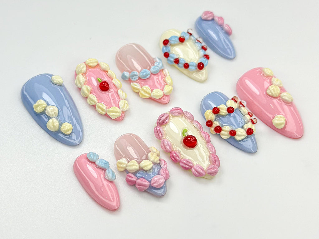 Sweet Creamy Press On Nails | Sweet Dessert-Inspired Nails | 3D Pastel Icing & Cream Nail Art | Handmade Cute Birthday Nails | JB808HC