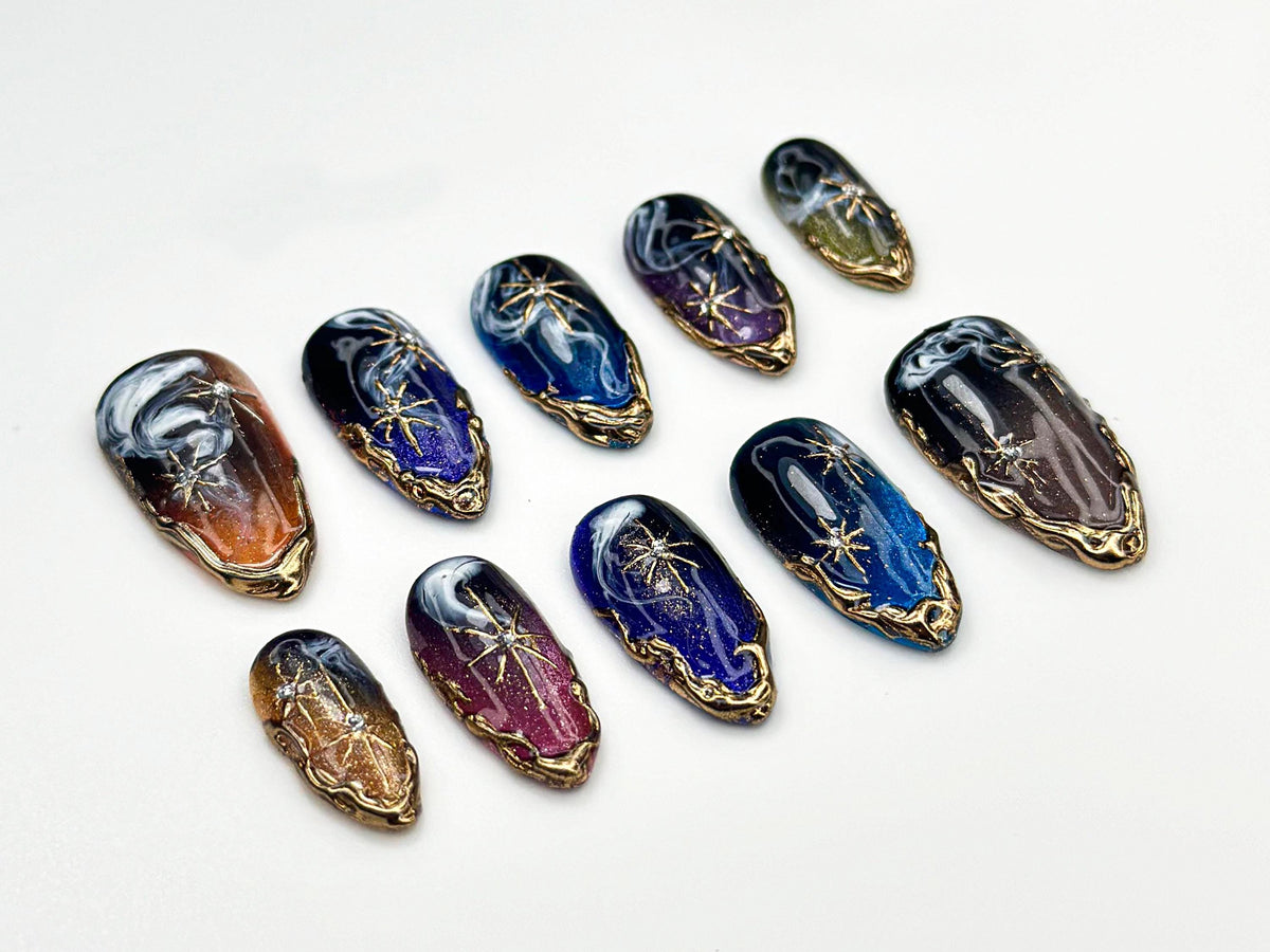 Galaxy Starry Night Press On Nails | Cosmic Nail Art | Gold Star Celestial Nails | Space-Inspired Handmade Nails | Midnight Sky Nail|JB843HC