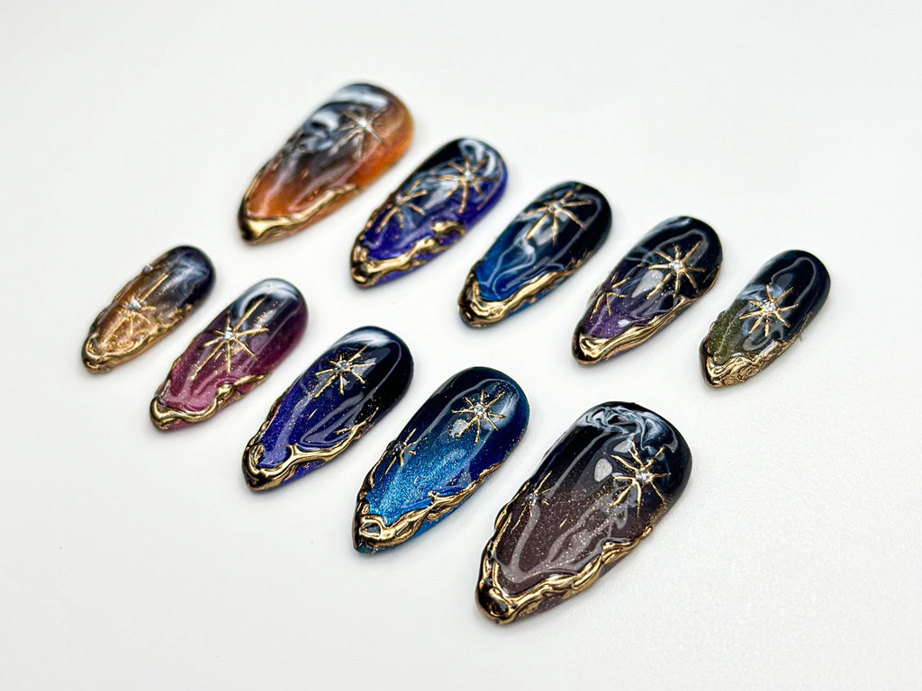 Galaxy Starry Night Press On Nails | Cosmic Nail Art | Gold Star Celestial Nails | Space-Inspired Handmade Nails | Midnight Sky Nail|JB843HC