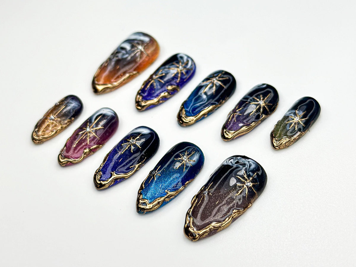 Galaxy Starry Night Press On Nails | Cosmic Nail Art | Gold Star Celestial Nails | Space-Inspired Handmade Nails | Midnight Sky Nail|JB843HC