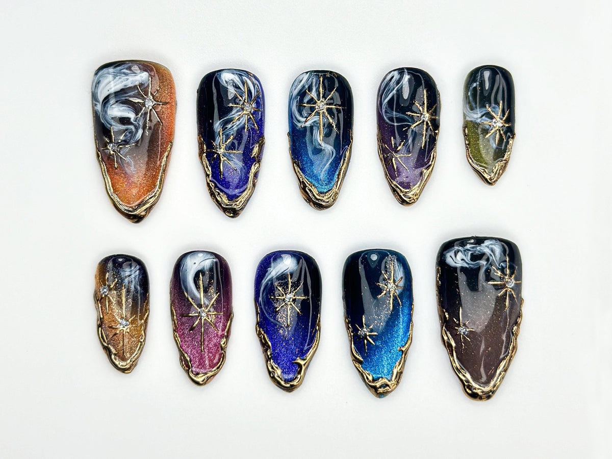 Galaxy Starry Night Press On Nails | Cosmic Nail Art | Gold Star Celestial Nails | Space-Inspired Handmade Nails | Midnight Sky Nail|JB843HC