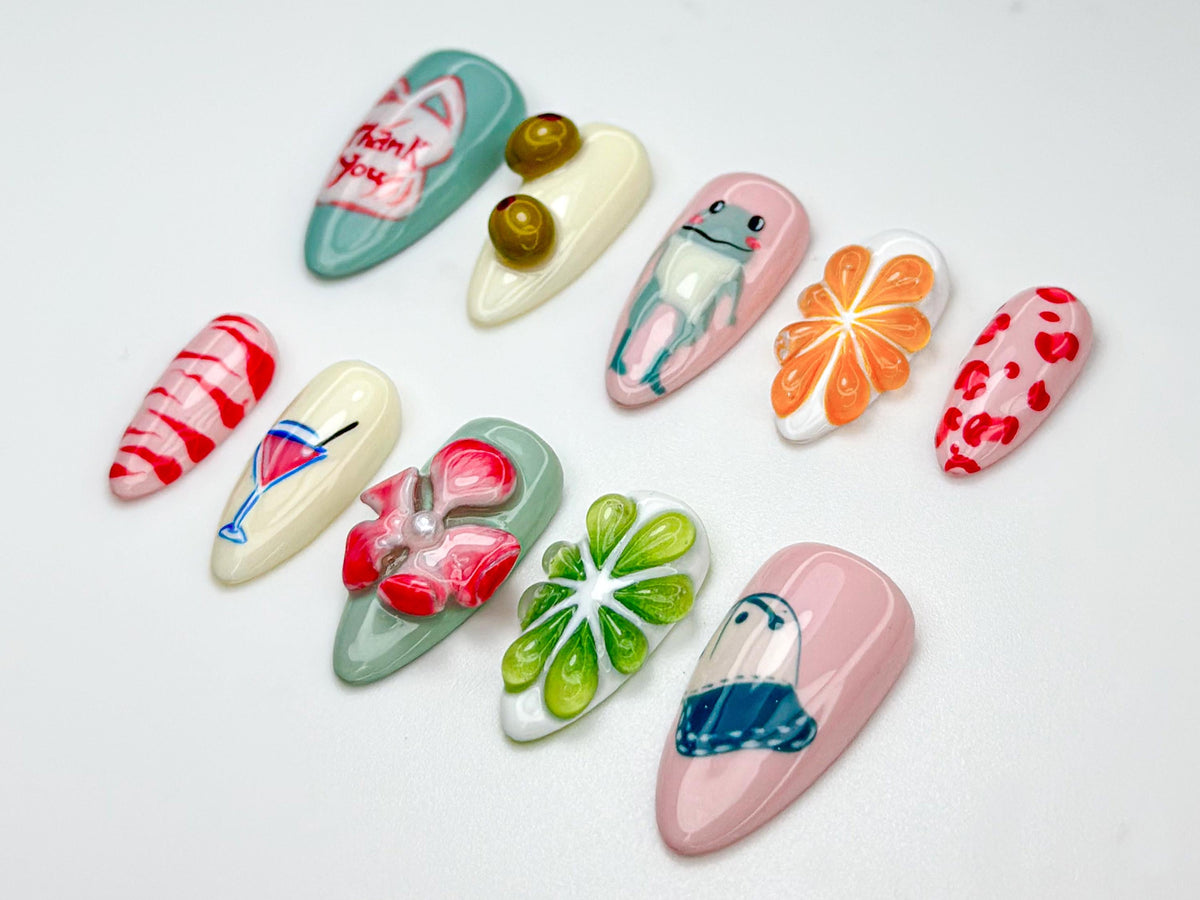 Summer Mixed Custome Press On Nails | Quirky Mix Match Art Nails | Kawaii Frog Cocktail Nail Set | Cute Groovy Summer Nails | JC814HC