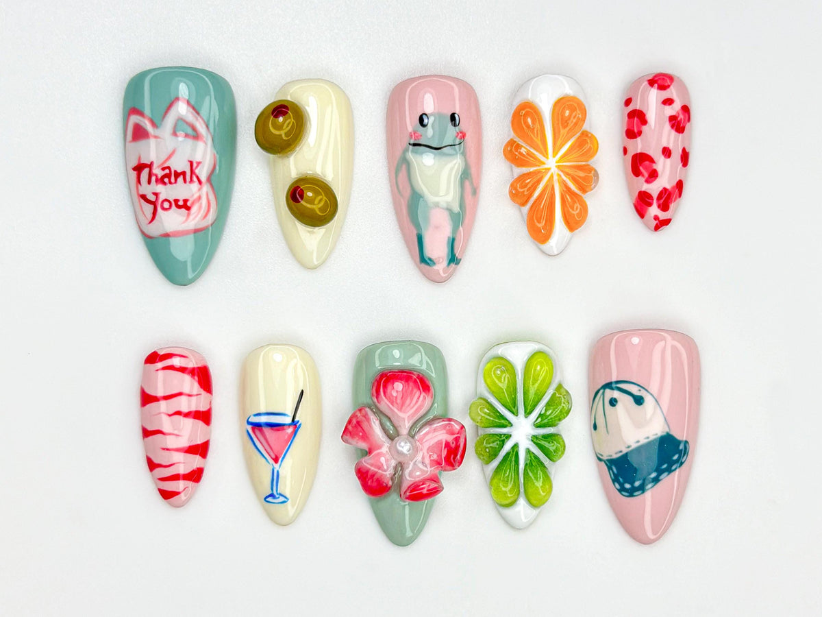 Summer Mixed Custome Press On Nails | Quirky Mix Match Art Nails | Kawaii Frog Cocktail Nail Set | Cute Groovy Summer Nails | JC814HC