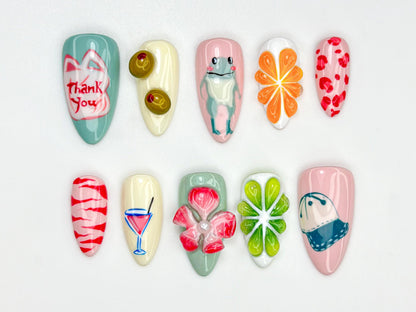 Summer Mixed Custome Press On Nails | Quirky Mix Match Art Nails | Kawaii Frog Cocktail Nail Set | Cute Groovy Summer Nails | JC814HC