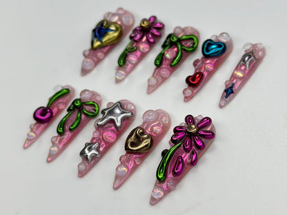Metallic Bubble Press On Nails | 3D Y2K Chrome Star Heart Nails | Funky Cute Cherry Bow Nail Art | Iridescent Pink Press On Set | JB815HK