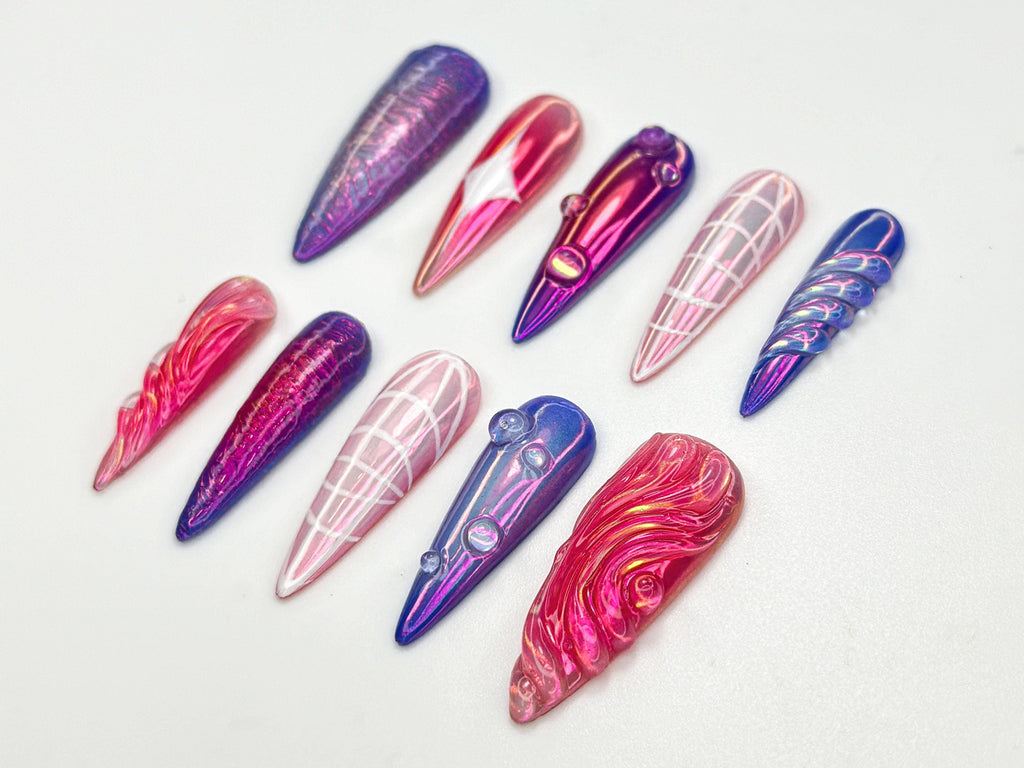 Y2K Purple Holographic Press On Nails | Chrome Pink & Purple Press Ons | 3D Jelly Glazed Nail Art | Shiny Y2K Baddie Nails | JC817HK