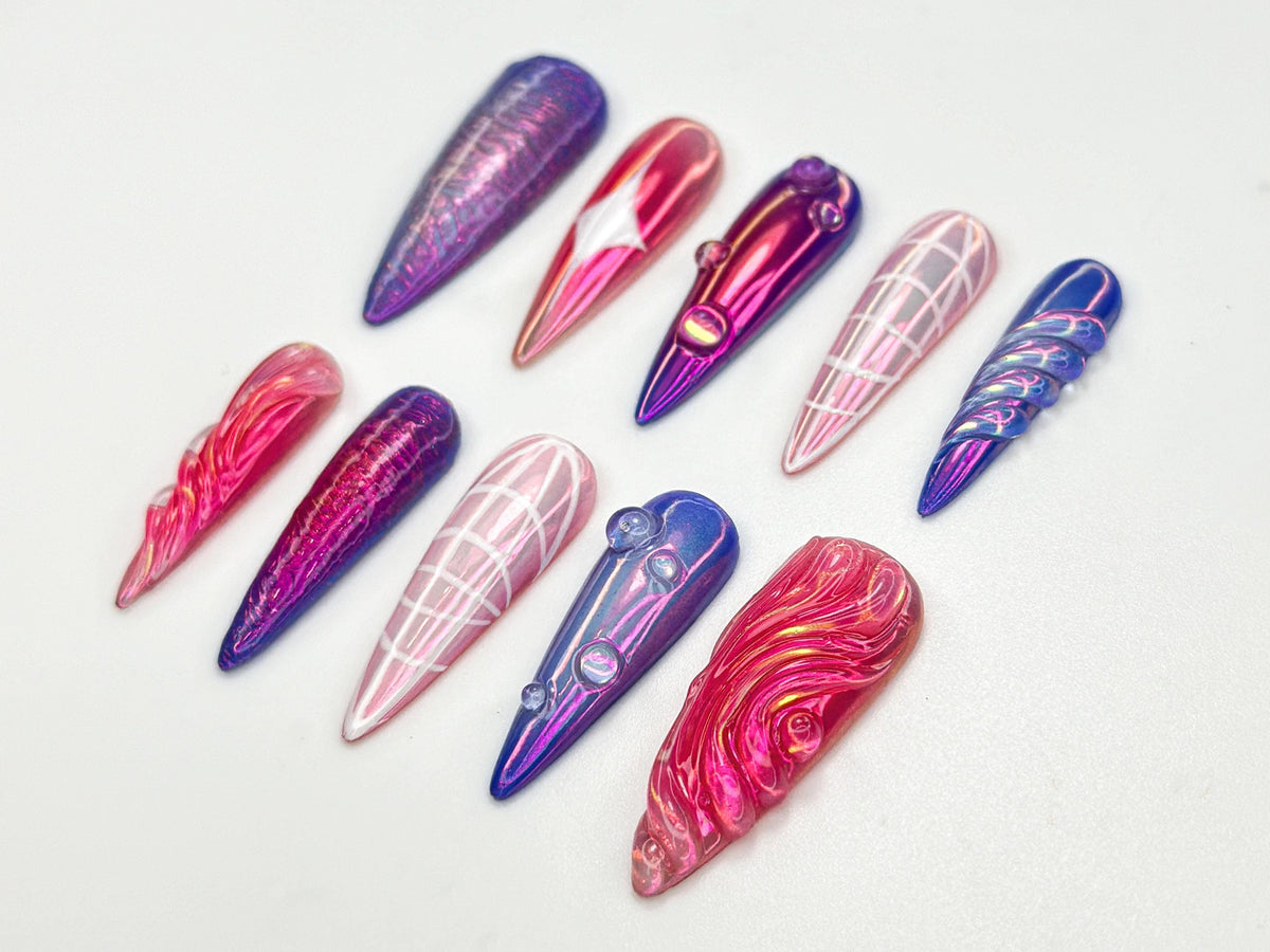 Y2K Purple Holographic Press On Nails | Chrome Pink & Purple Press Ons | 3D Jelly Glazed Nail Art | Shiny Y2K Baddie Nails | JC817HK