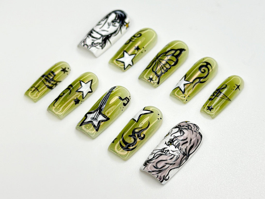 Green Yuri Inspired Press On Nails | Anime Gothic Star Nails | Manga Music Vibes Nail Art | Handpainted Otaku Press Ons | JB819HC