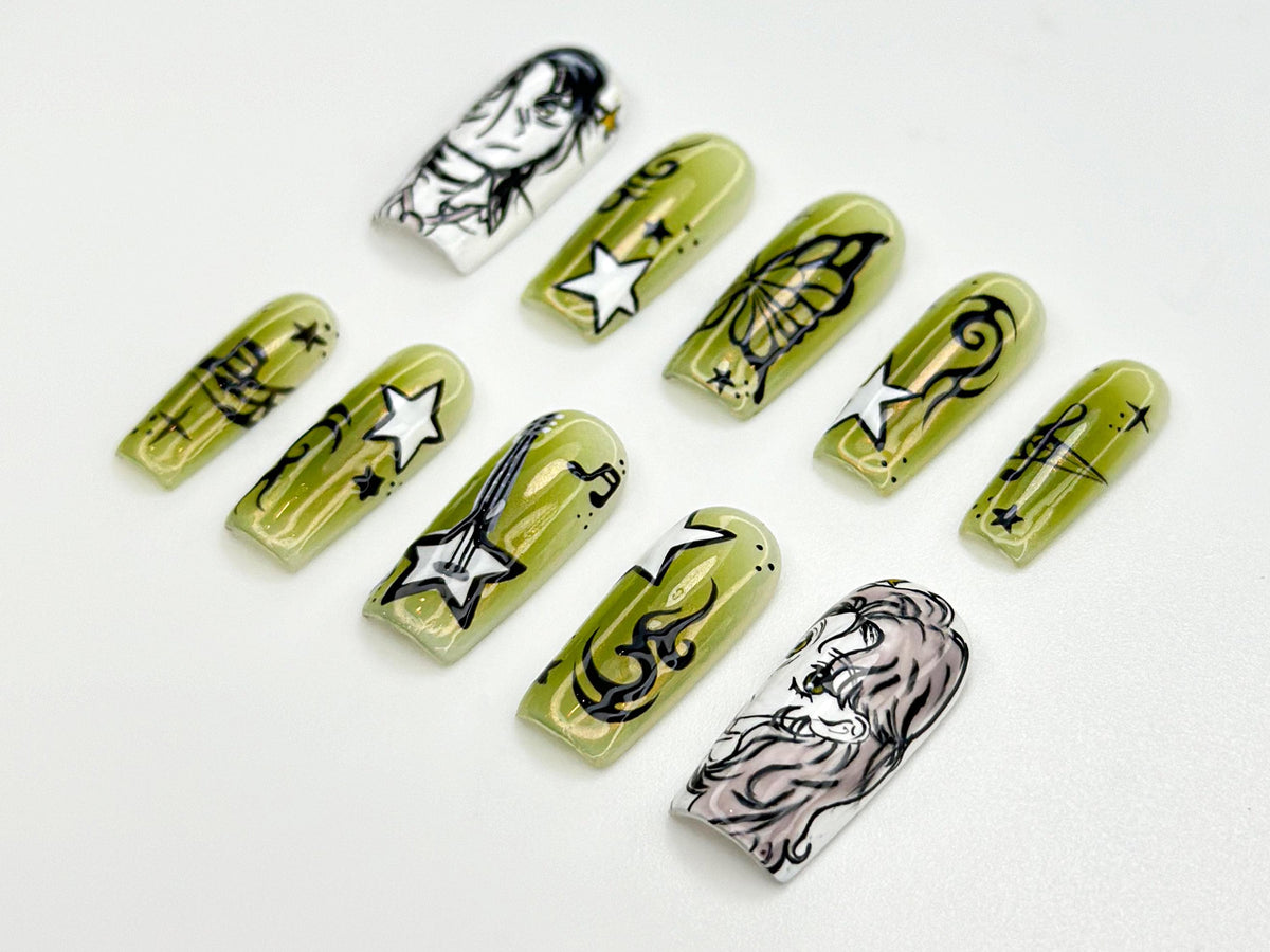 Green Yuri Inspired Press On Nails | Anime Gothic Star Nails | Manga Music Vibes Nail Art | Handpainted Otaku Press Ons | JB819HC