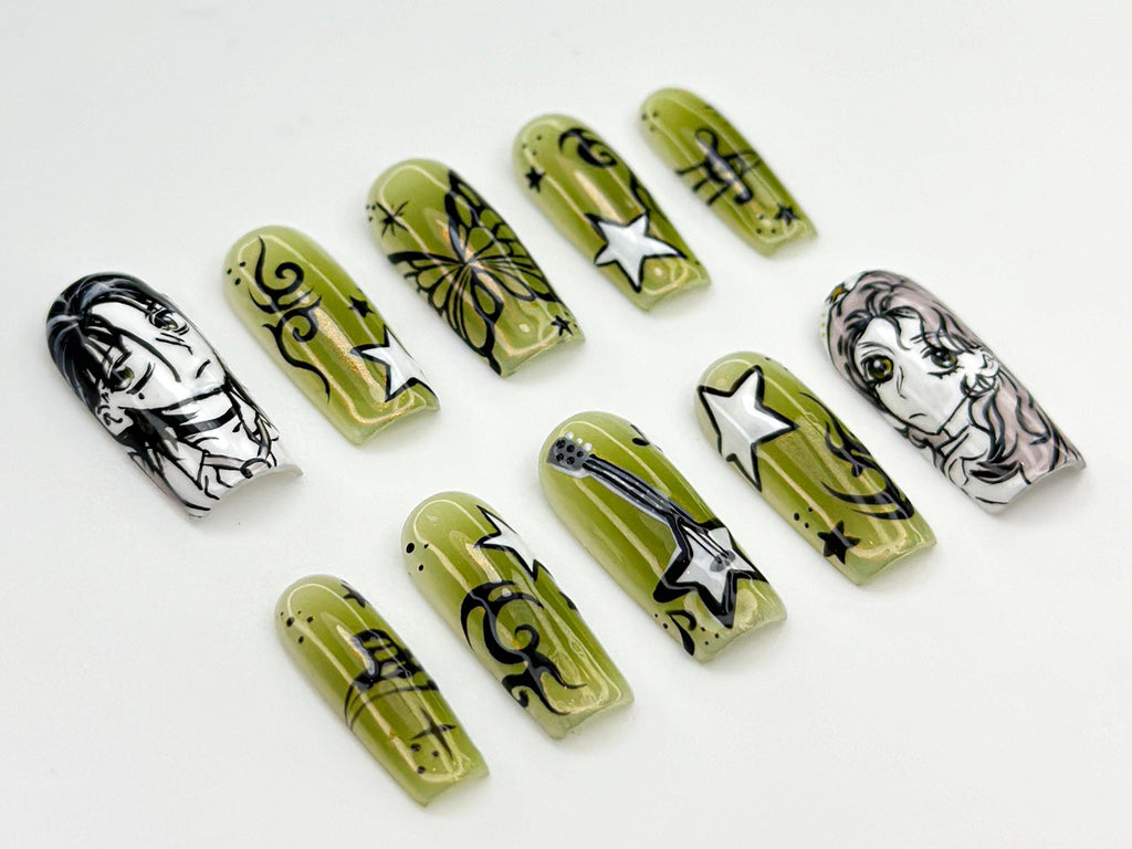 Green Yuri Inspired Press On Nails | Anime Gothic Star Nails | Manga Music Vibes Nail Art | Handpainted Otaku Press Ons | JB819HC