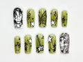 Green Yuri Inspired Press On Nails | Anime Gothic Star Nails | Manga Music Vibes Nail Art | Handpainted Otaku Press Ons | JB819HC