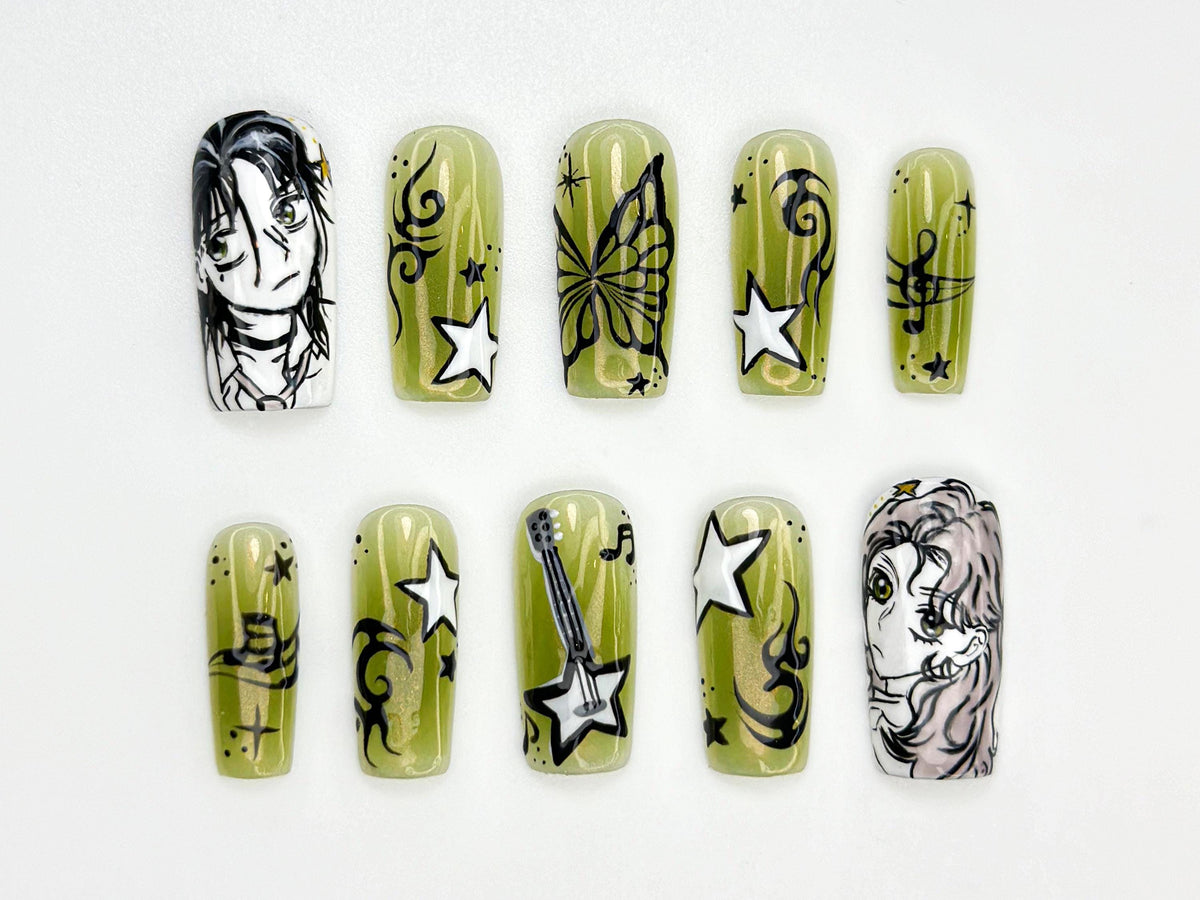 Green Yuri Inspired Press On Nails | Anime Gothic Star Nails | Manga Music Vibes Nail Art | Handpainted Otaku Press Ons | JB819HC
