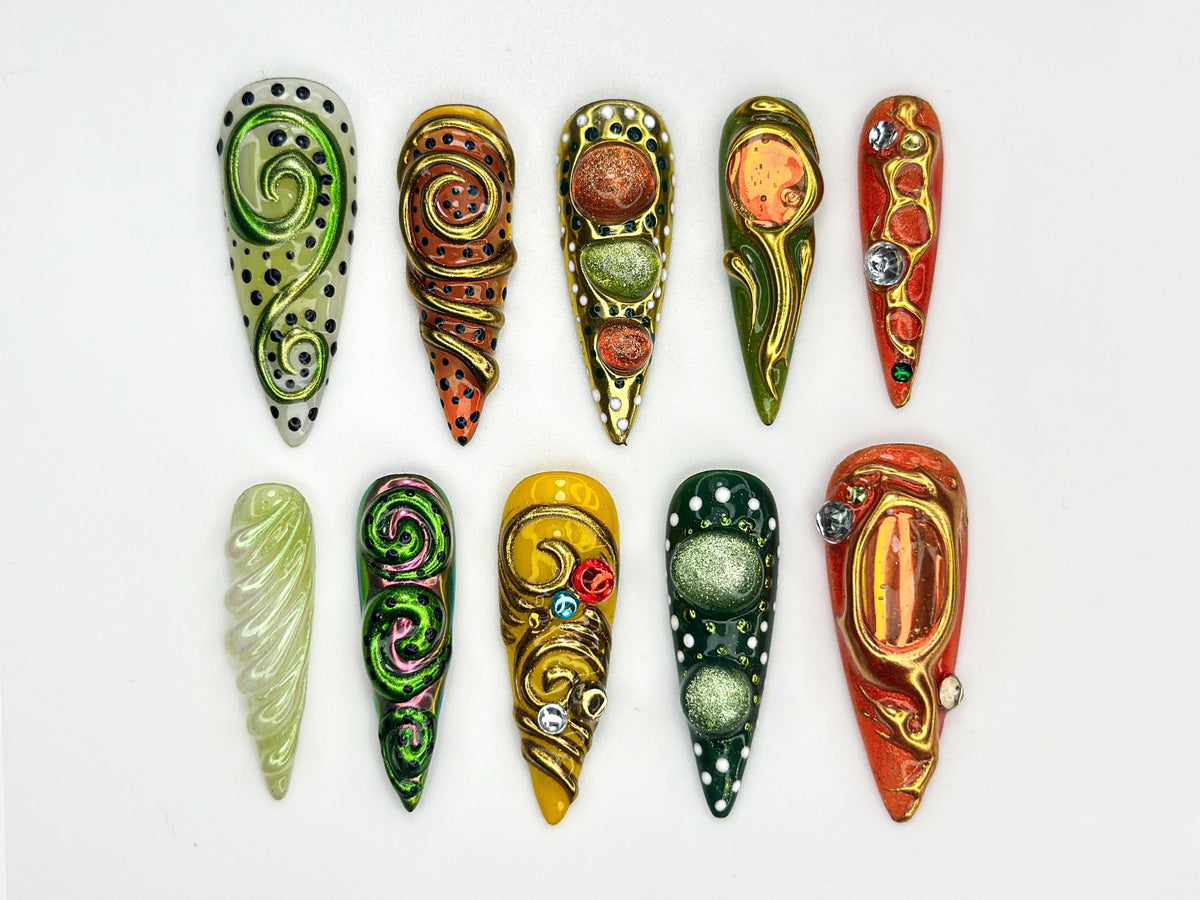 Colorful 3D Texture Press On Nails | Eye Art Fake Nails | Funky Gold Accent Nail Art | Color Pop Press Ons | Luxury Nails | JB847HC