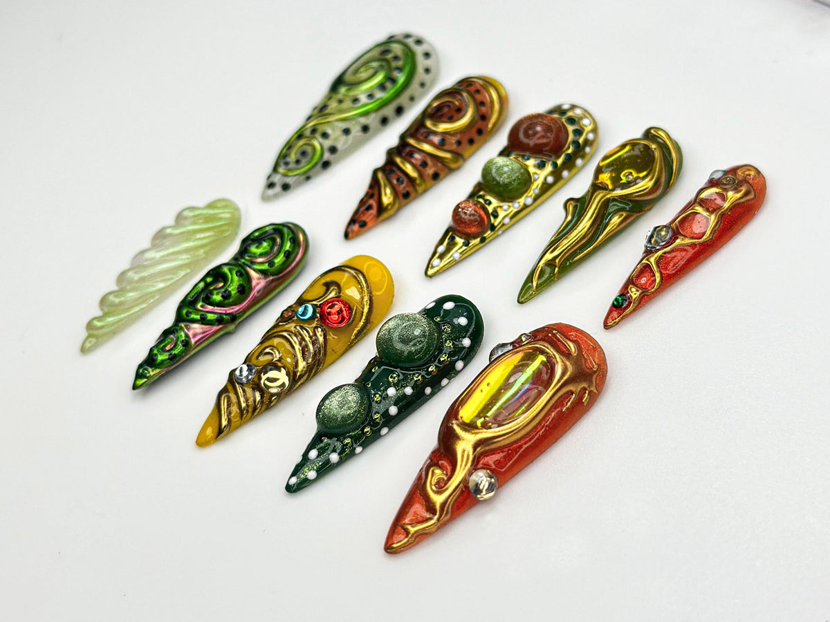 Colorful 3D Texture Press On Nails | Eye Art Fake Nails | Funky Gold Accent Nail Art | Color Pop Press Ons | Luxury Nails | JB847HC