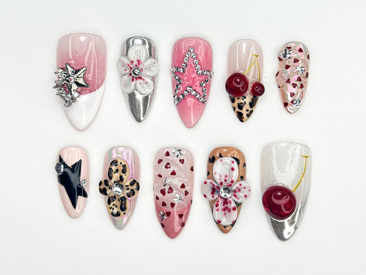 Cherry Bomb Glam Press On Nails | Rhinestone Star Nail Art | Pink & Leopard 3D Nails | Girly Edgy Press Ons | Mixed Pattern Nails | JC850HC