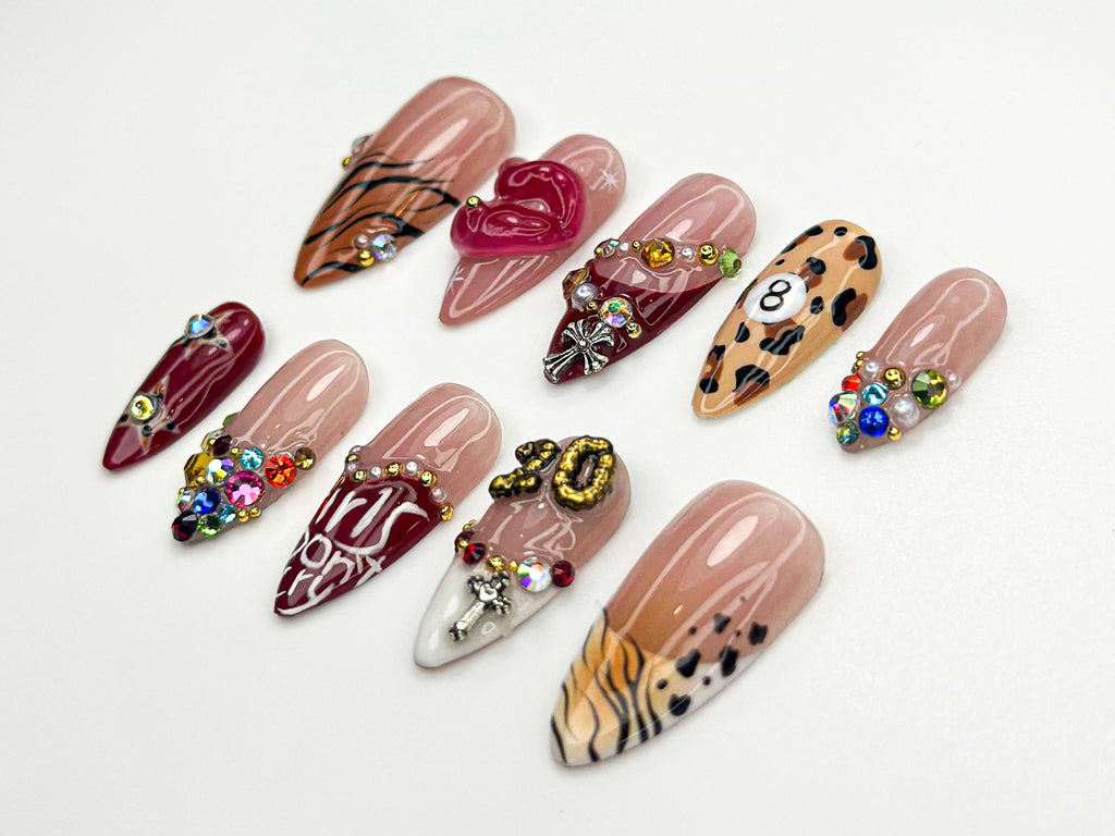 Bold Babe Press On Nails | 3D Lips & Leopard Print Nail Art | Rhinestone Attitude Nails | Cross Charm Nail | Girls Don’t Cry Nails | JB854HK
