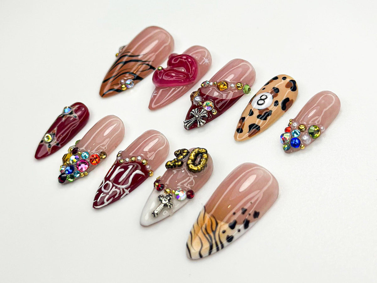 Bold Babe Press On Nails | 3D Lips & Leopard Print Nail Art | Rhinestone Attitude Nails | Cross Charm Nail | Girls Don’t Cry Nails | JB854HK