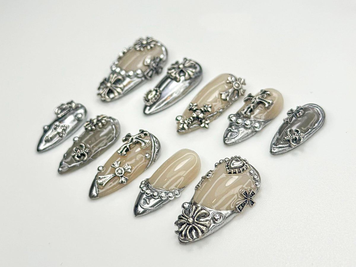 Gothic Chrome Cross Press On Nails | Neutral Silver Cross Nail Set | Baroque Metal Heart Nails | Edgy Press Ons | Gothic Nails | JC855HK