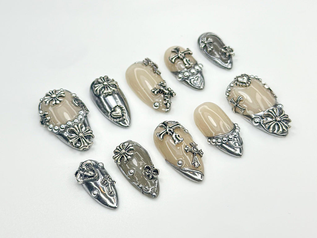 Gothic Chrome Cross Press On Nails | Neutral Silver Cross Nail Set | Baroque Metal Heart Nails | Edgy Press Ons | Gothic Nails | JC855HK