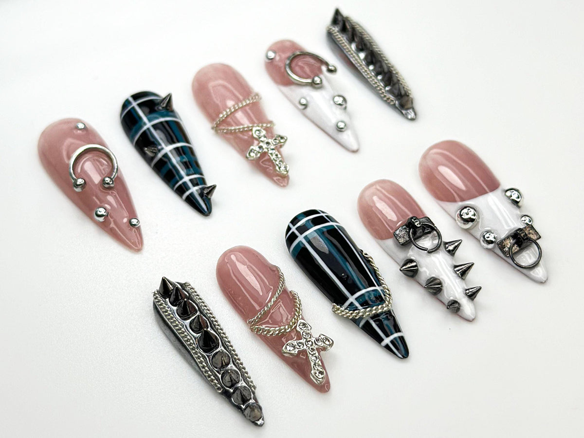Punk Cross Chain Press On Nails | Gothic Plaid Nail Art | Spiked Pierced Punk Nails | Black White Silver Press Ons | Edgy Nail Set | JC864HK