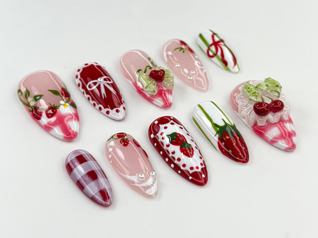 Strawberry Picnic Press On Nails | Cute 3D Strawberry And Bow Nail Art | Gingham Vintage Picnic Nails | Red & Pink Summer Nails | JB822HC