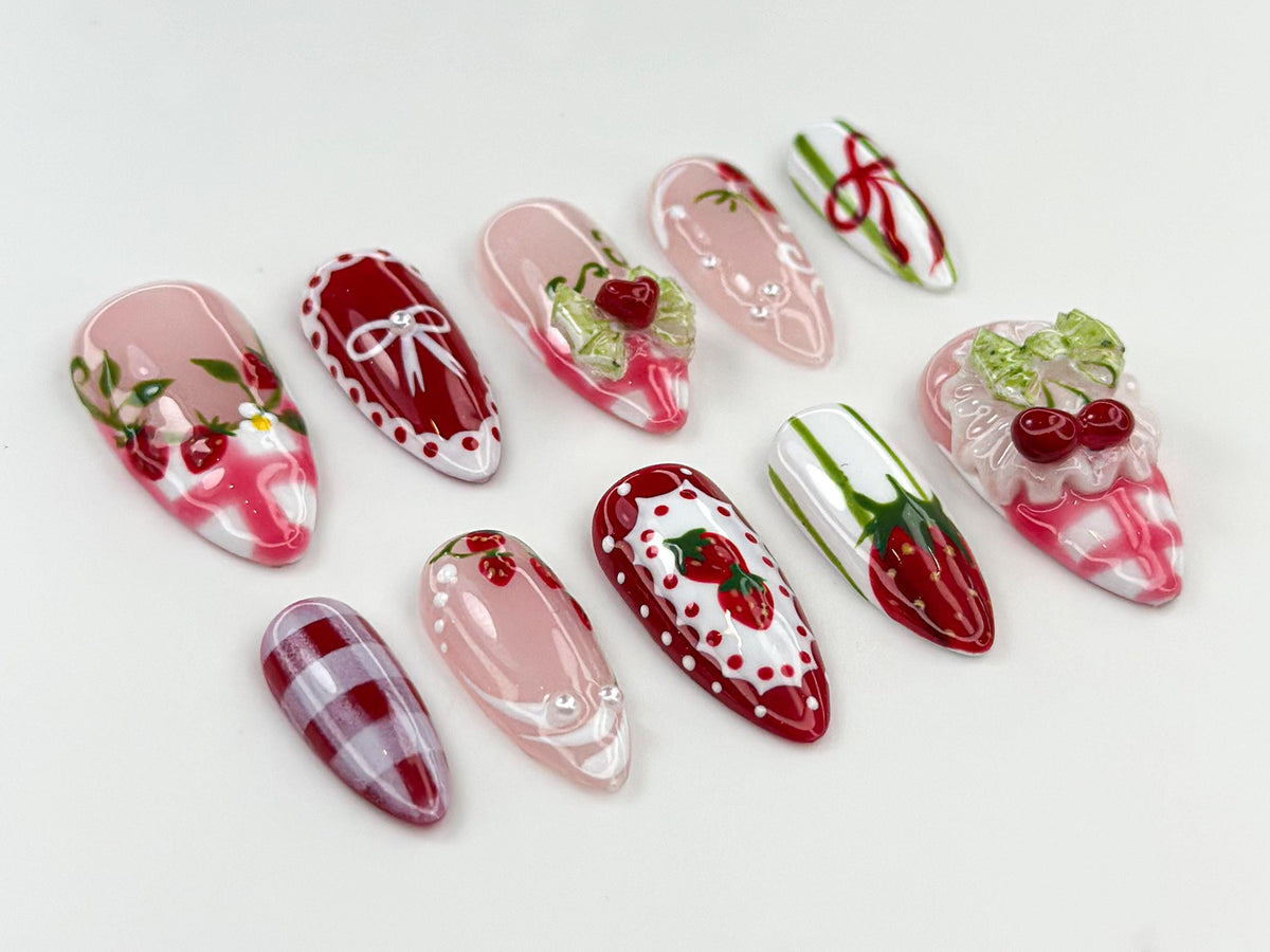Strawberry Picnic Press On Nails | Cute 3D Strawberry And Bow Nail Art | Gingham Vintage Picnic Nails | Red & Pink Summer Nails | JB822HC