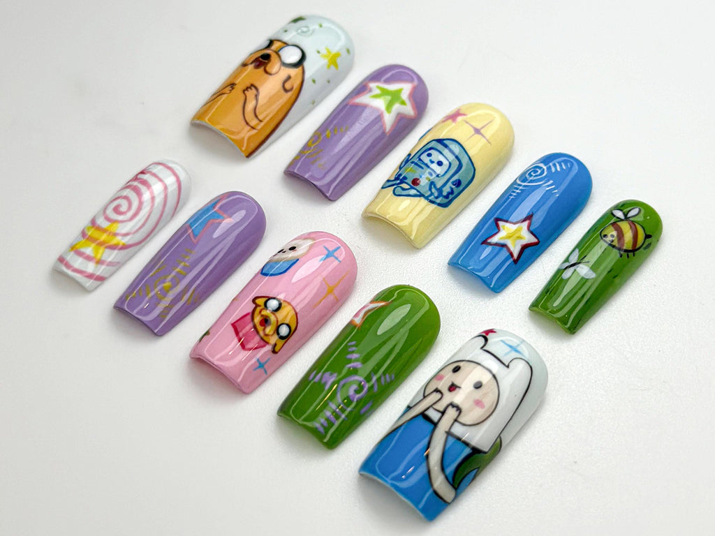 Adventure Time Press On Nails | Cute Cartoon Nail Art | Hand-Painted Custom Nails | Whimsical Character Nails | Funky Press On Set | JB867HC