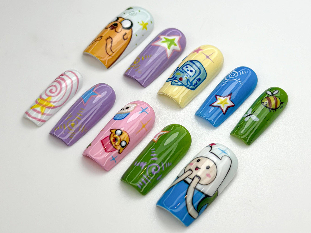 Adventure Time Press On Nails | Cute Cartoon Nail Art | Hand-Painted Custom Nails | Whimsical Character Nails | Funky Press On Set | JB867HC
