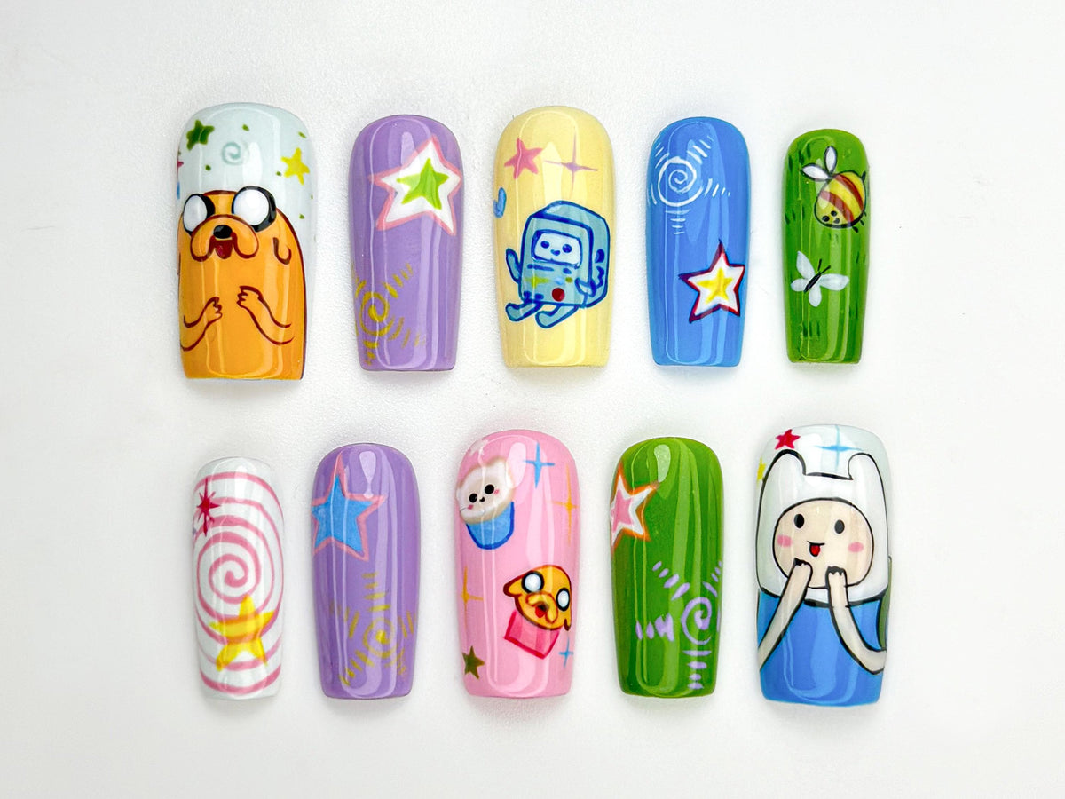 Adventure Time Press On Nails | Cute Cartoon Nail Art | Hand-Painted Custom Nails | Whimsical Character Nails | Funky Press On Set | JB867HC