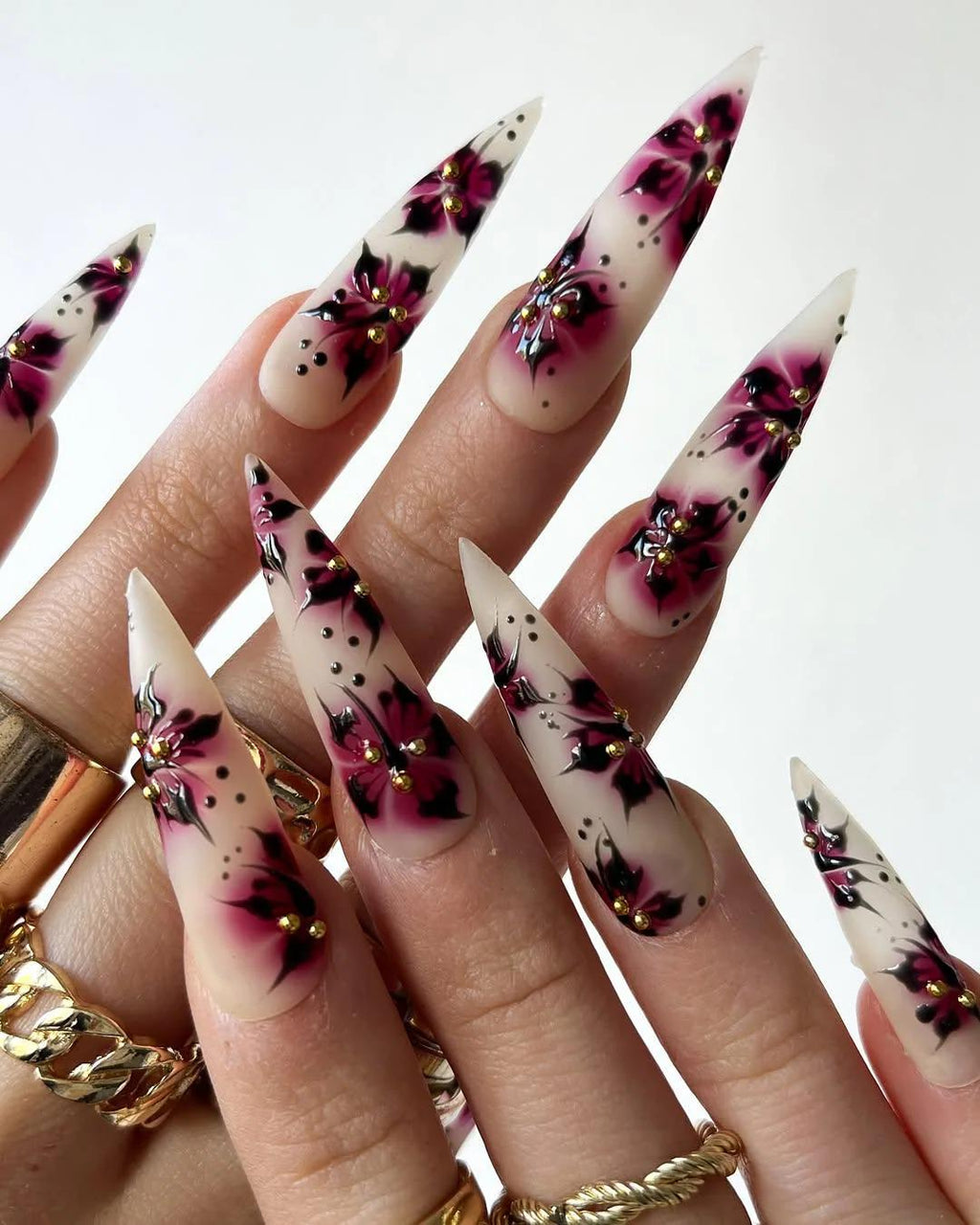 Dark Blossom Stiletto Press On Nails | 3D Handcrafted Gothic Flower Nails |Elegant Dark Blossom Nail Art | Stiletto Drama Press Ons| JB839HC