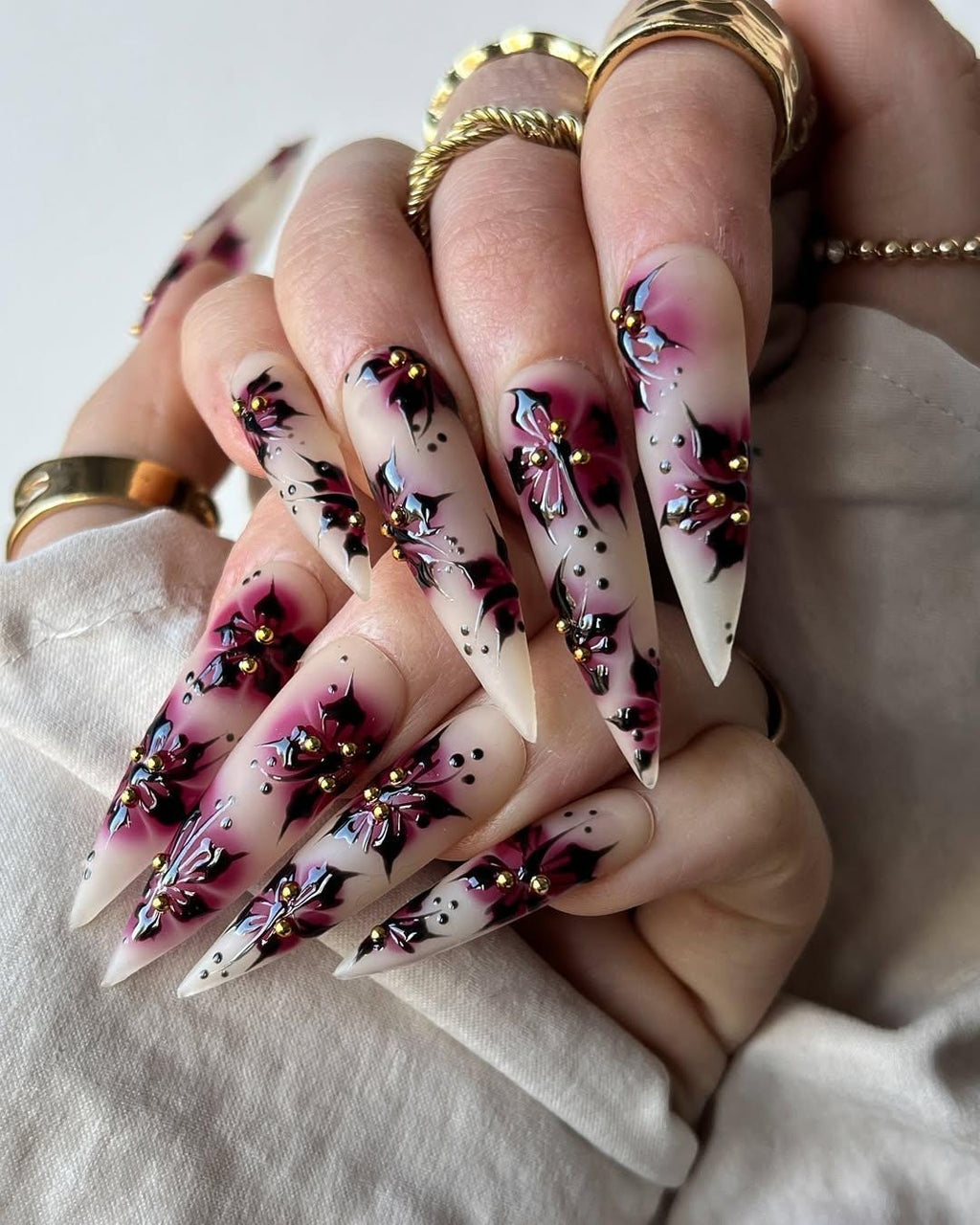 Dark Blossom Stiletto Press On Nails | 3D Handcrafted Gothic Flower Nails |Elegant Dark Blossom Nail Art | Stiletto Drama Press Ons| JB839HC