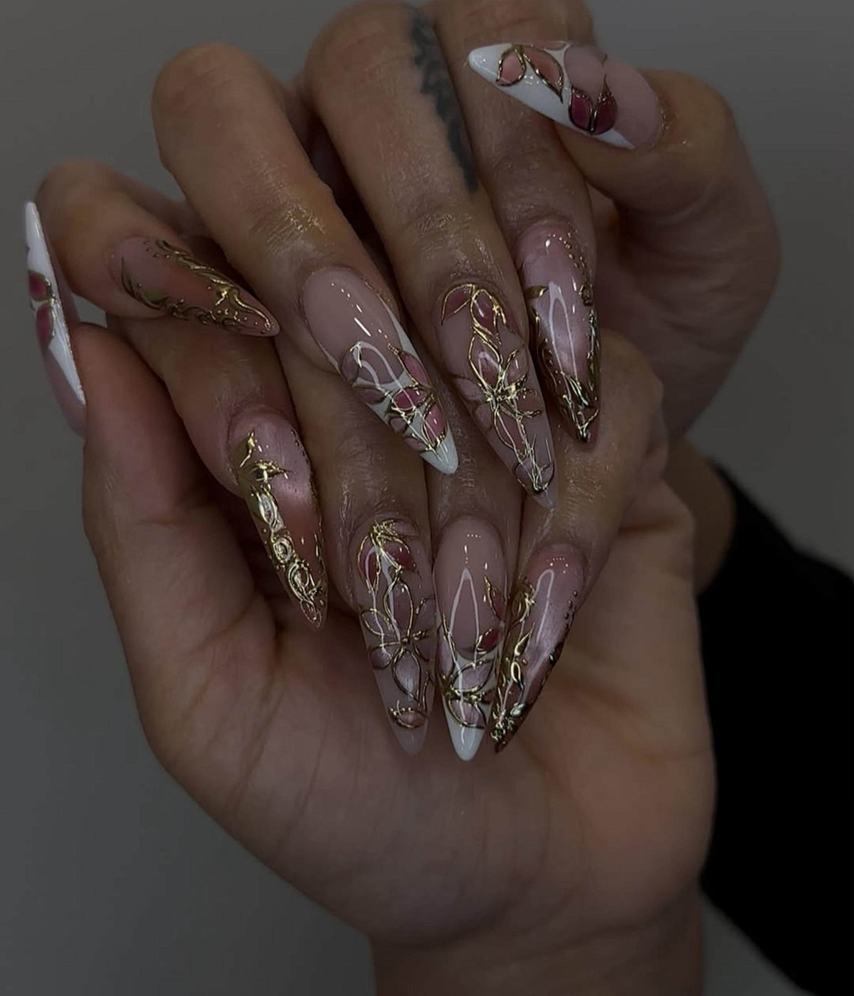 Elegant Pink Press On Nails | Blush Floral Nail Art | 3D Gold Vine Nails | Romantic Wedding Nails | Handmade Luxury Press Ons| JC842HK