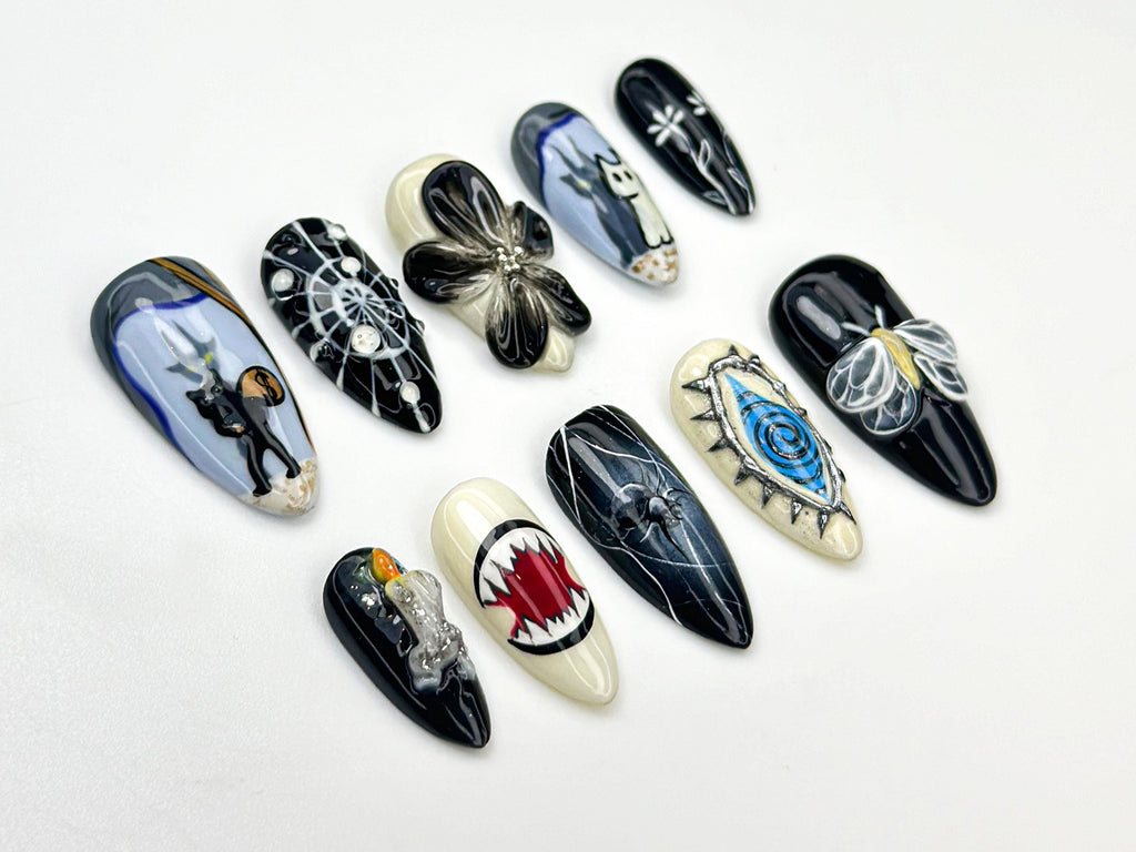 Creepy Cute Press On Nails | Black Cat, Ghost & Evil Eye Design | Creepy Cute Nail Art | Witchy Horror Nail Set | Gothic Nails | JB879HC