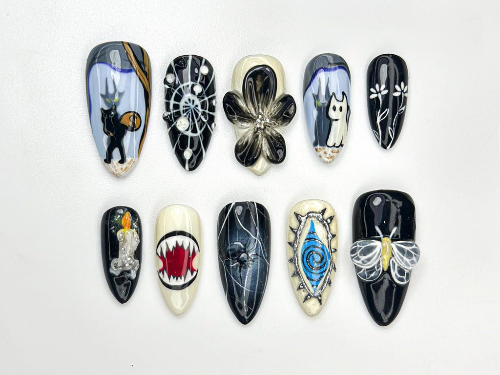 Creepy Cute Press On Nails | Black Cat, Ghost & Evil Eye Design | Creepy Cute Nail Art | Witchy Horror Nail Set | Gothic Nails | JB879HC
