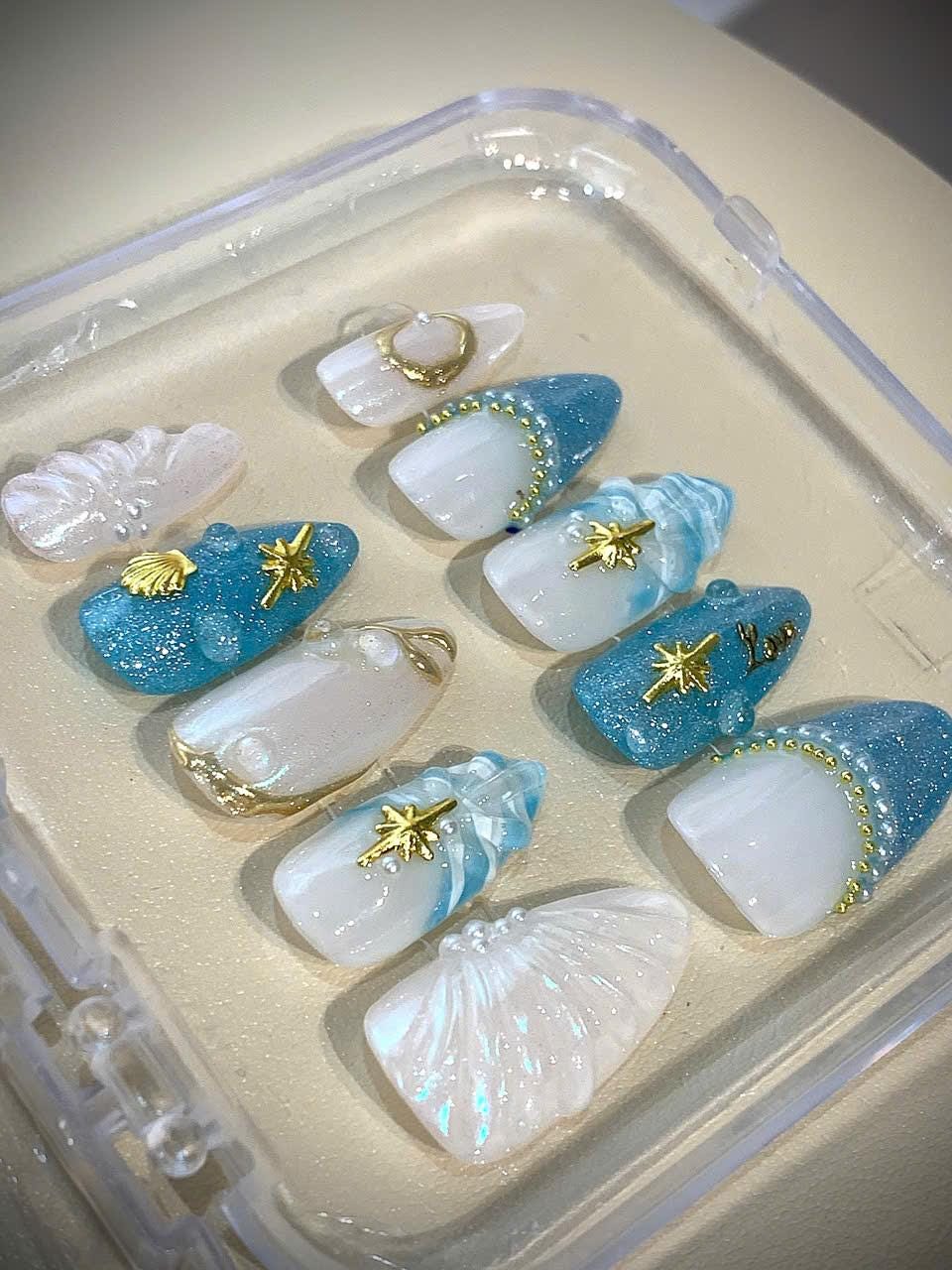 Mermaid Press On Nails: Blue Glitter Seashell & Starfish Charms