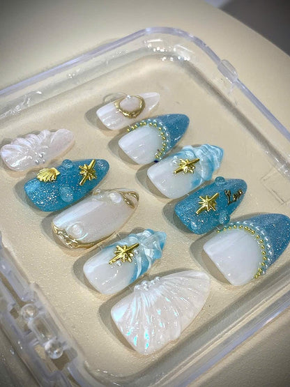Mermaid Press On Nails: Blue Glitter Seashell & Starfish Charms