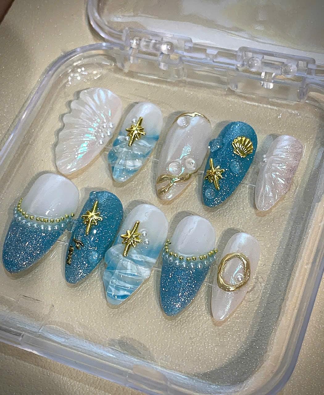 Mermaid Press On Nails: Blue Glitter Seashell & Starfish Charms