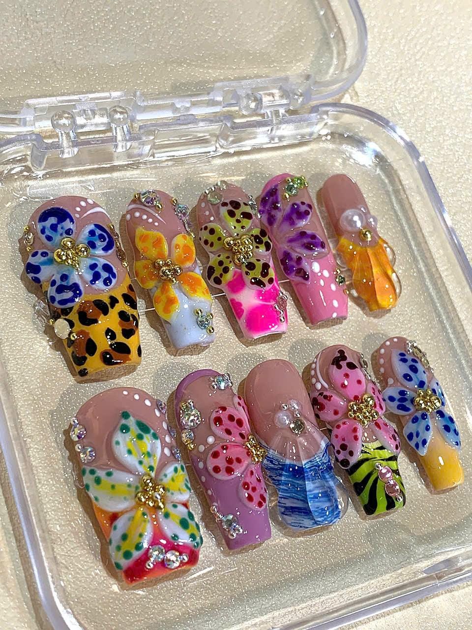 3D Flower Press On Nails: Wild Floral Leopard Print, Handmade