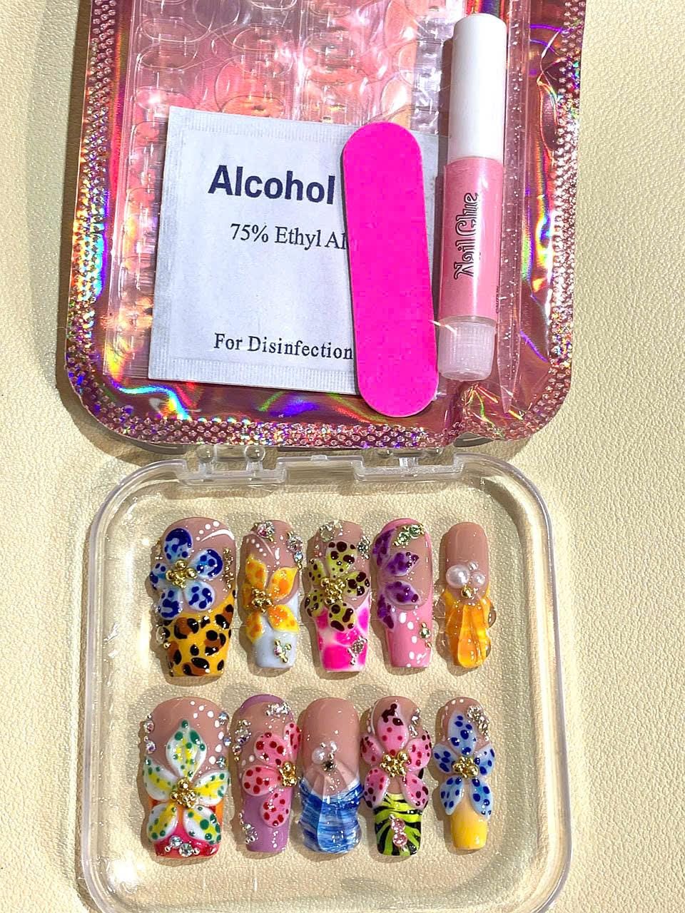 3D Flower Press On Nails: Wild Floral Leopard Print, Handmade