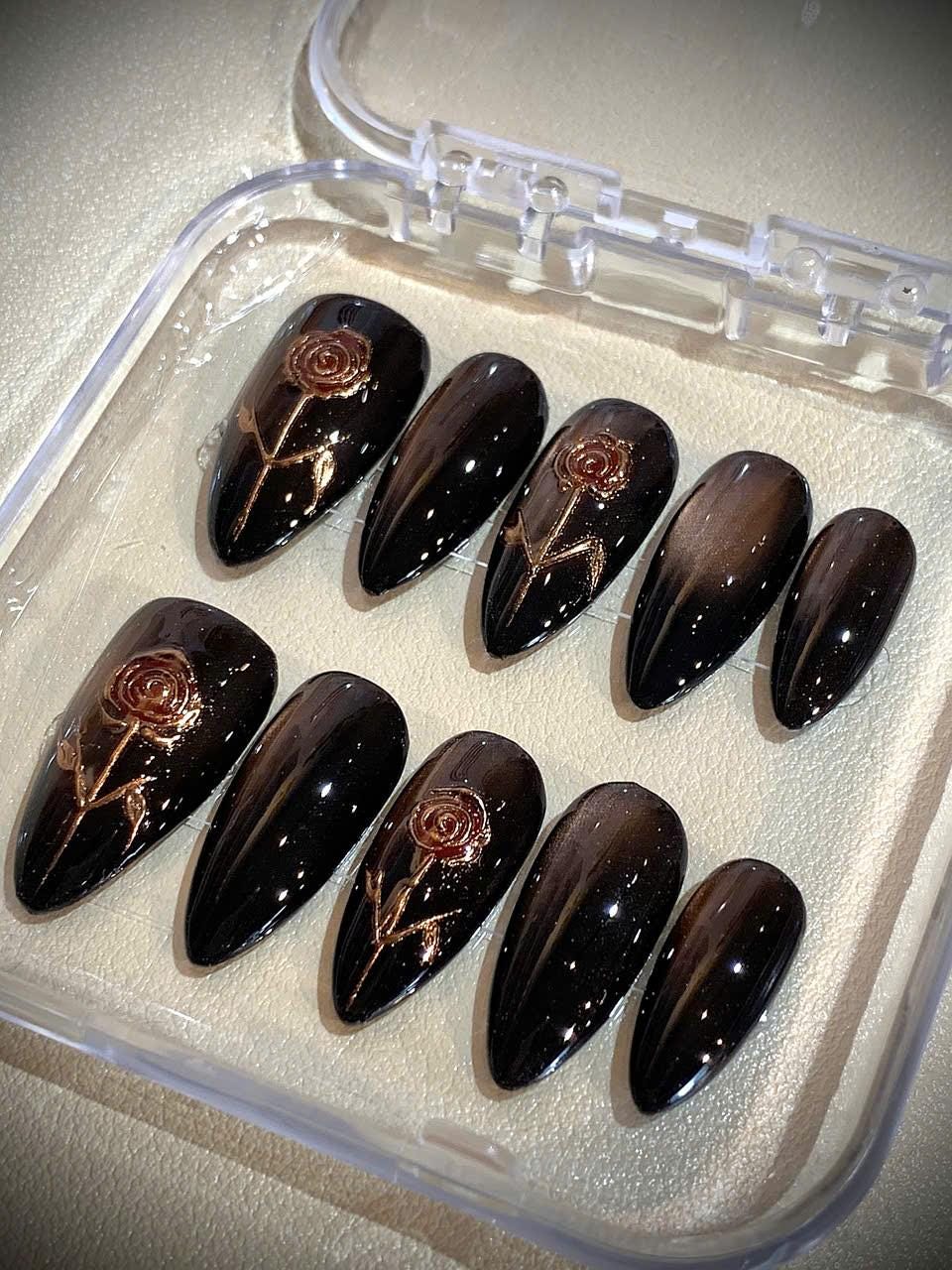 Black Rose Press On Nails: Gothic Cat Eye Magnetic Effect, Handmade