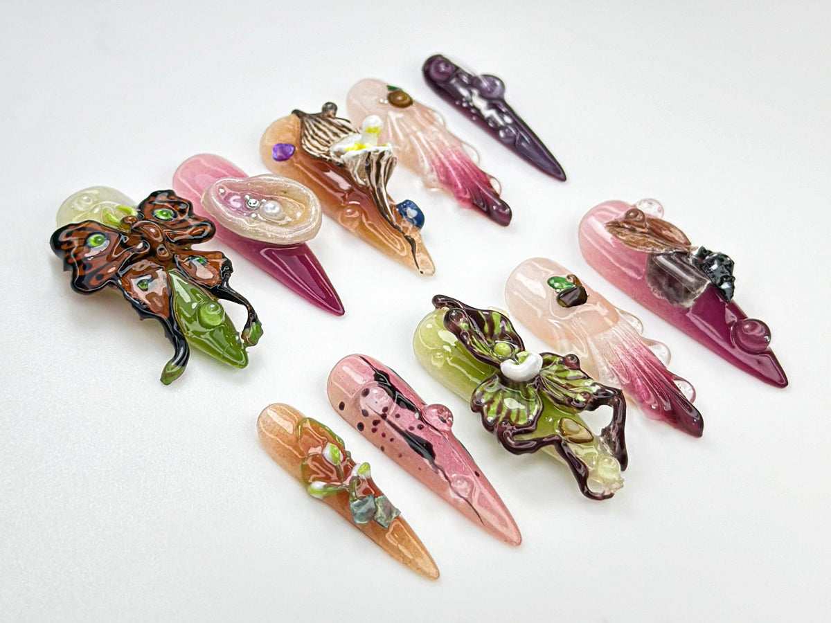 3D Abstract Garden Press On Nails | Surreal Naturecore Nails | Handmade Butterfly & Bloom Set | Artcore Forest Nails | JB883HC