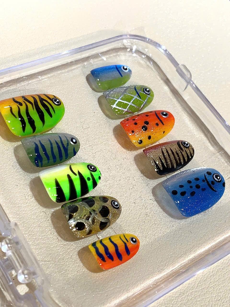 Hand-Painted Fish Press On Nails: Tropical Aquarium Nail Art