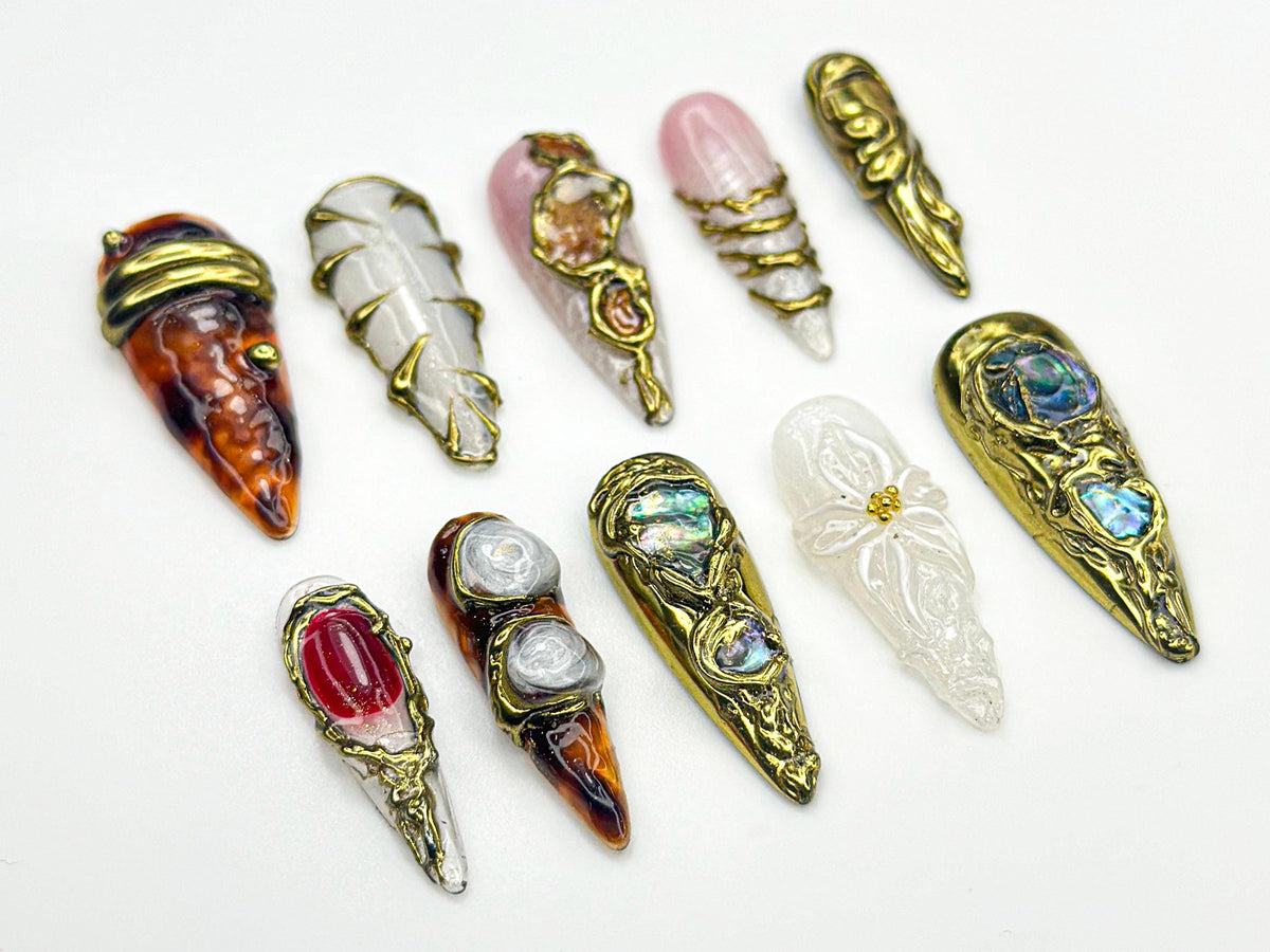 Metallic Gemstone Press On Nails | Gold Sculpted Nail Art | Gemstone-Inspired Press Ons | Luxury Artisan Nails | Statement Nails | JB844HC