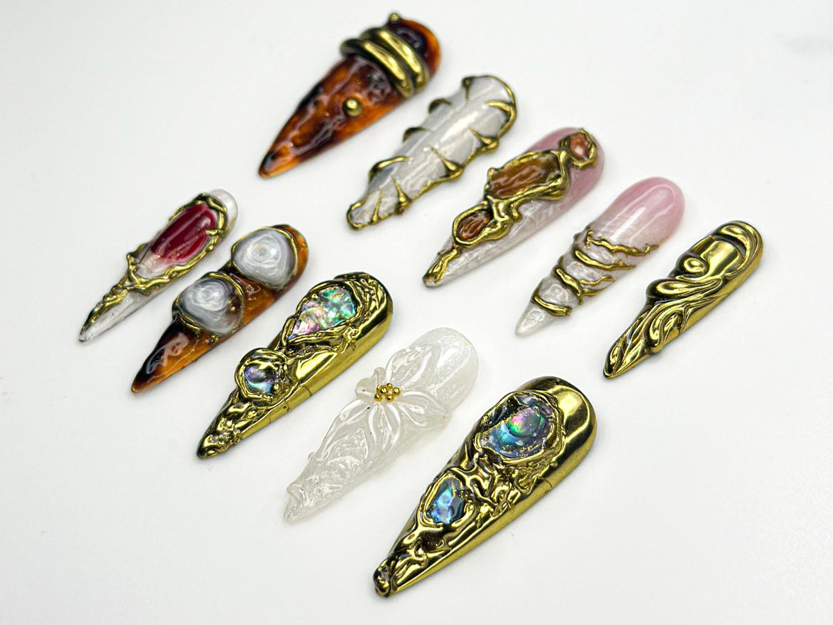Metallic Gemstone Press On Nails | Gold Sculpted Nail Art | Gemstone-Inspired Press Ons | Luxury Artisan Nails | Statement Nails | JB844HC