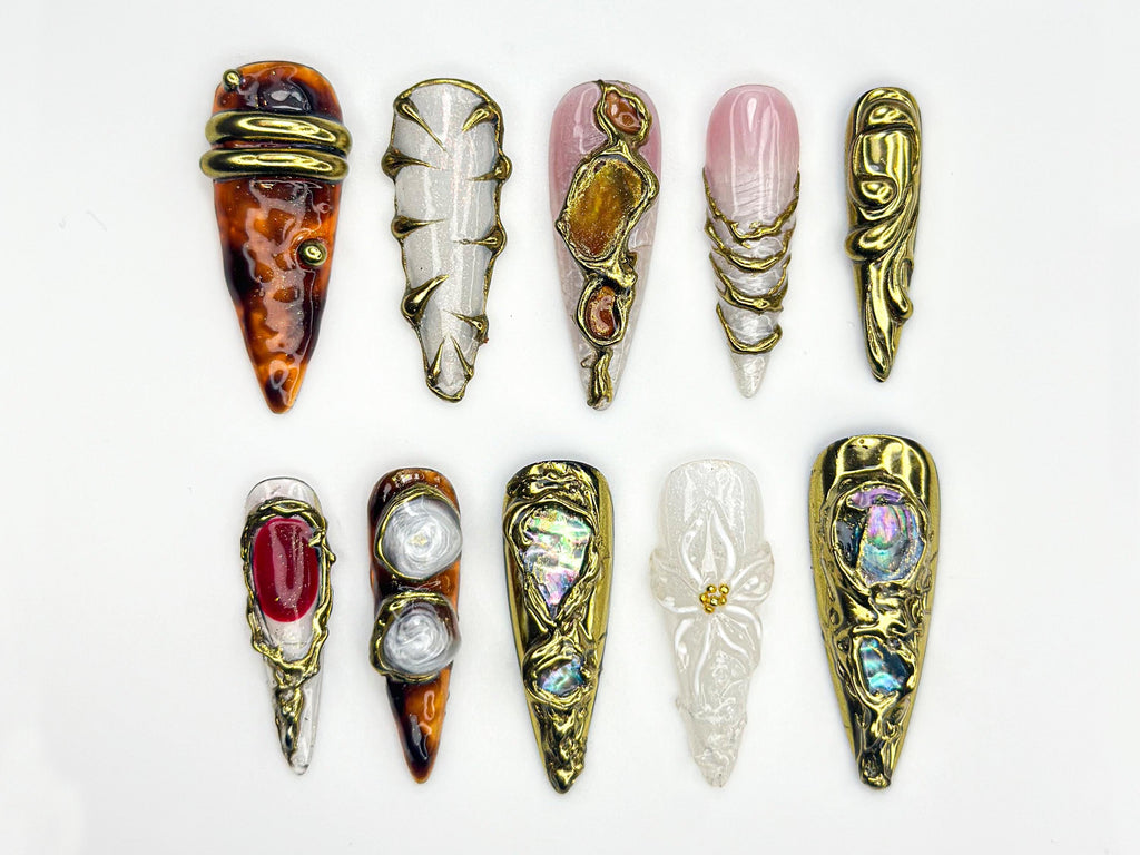 Metallic Gemstone Press On Nails | Gold Sculpted Nail Art | Gemstone-Inspired Press Ons | Luxury Artisan Nails | Statement Nails | JB844HC