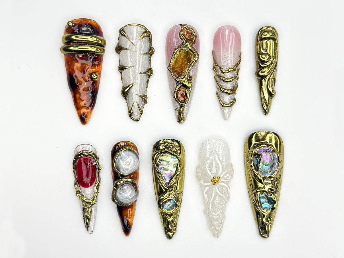 Metallic Gemstone Press On Nails | Gold Sculpted Nail Art | Gemstone-Inspired Press Ons | Luxury Artisan Nails | Statement Nails | JB844HC
