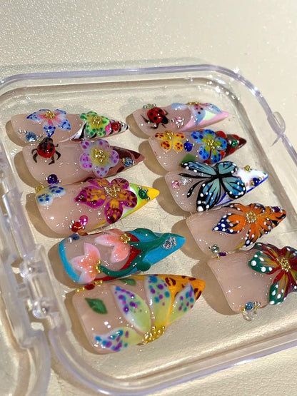 Flower Butterfly Press On Nails: 3D Floral Garden Nail Art