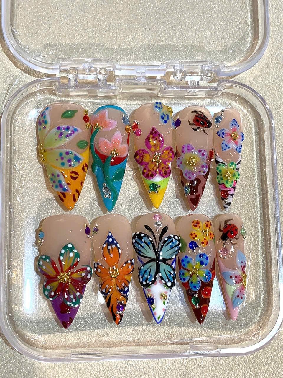Flower Butterfly Press On Nails: 3D Floral Garden Nail Art