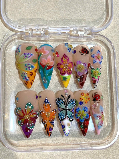 Flower Butterfly Press On Nails: 3D Floral Garden Nail Art