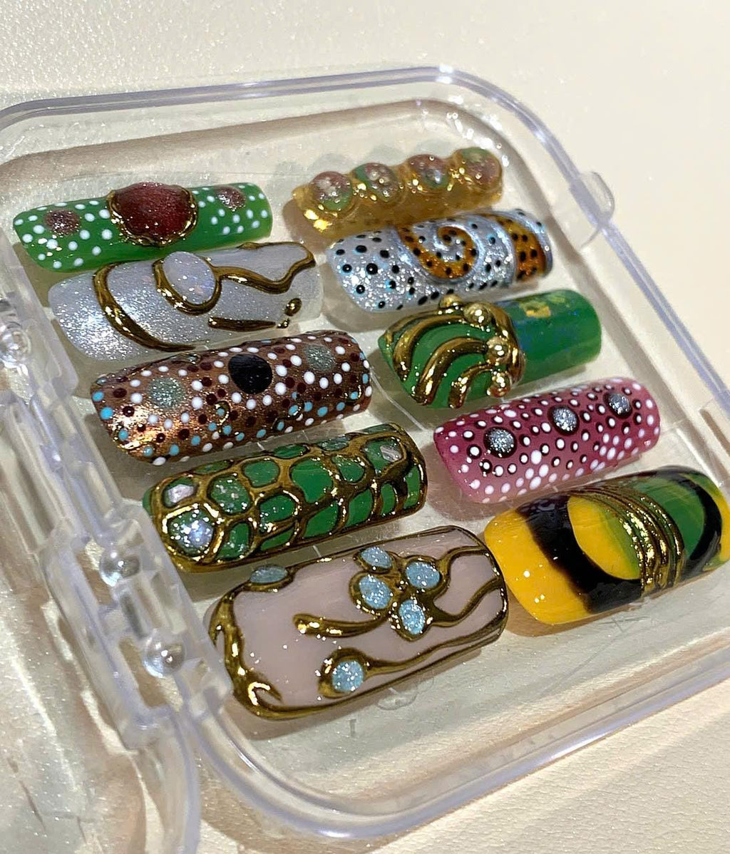 Hand Painted Press On Nails | Green Gold Abstract Dot Art